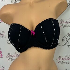 La SENZA bra rhinestone diamonds bow Black Strapless Bra with Pink Accent